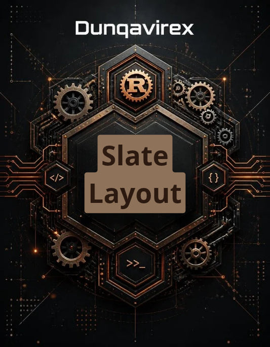 Digital cover art for 'Slate Layout' by Dunqavirex , featuring a dark slate gray and bronze folder icon surrounded by gears and circuitry on a black background.