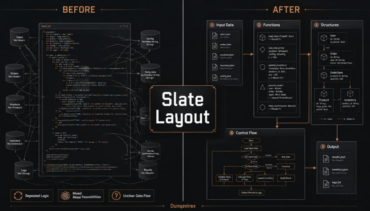 A dark-themed infographic titled 'Slate Layout' comparing a 'Before' state with an 'After' state. The left 'Before' section shows a large block of code with various cylindrical icons connected by lines.