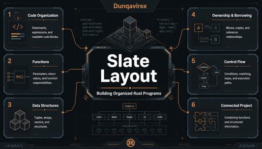 A dark-themed educational infographic titled 'Slate Layout' by Dunqavirex , detailing six key aspects of building organized Rust programs: Code Organization, Functions, Data Structures, Ownership & Borrowing, Control Flow, and Connected Project, arranged in a circular layout with tech illustrations.