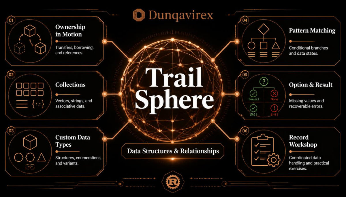 A digital infographic titled 'Trail Sphere' by Dunqavirex , featuring a central glowing orange network globe with the words 'Trail Sphere' and 'Data Structures & Relationships' on a black background, surrounded by eight labeled diagram panels about data structures and relationships.