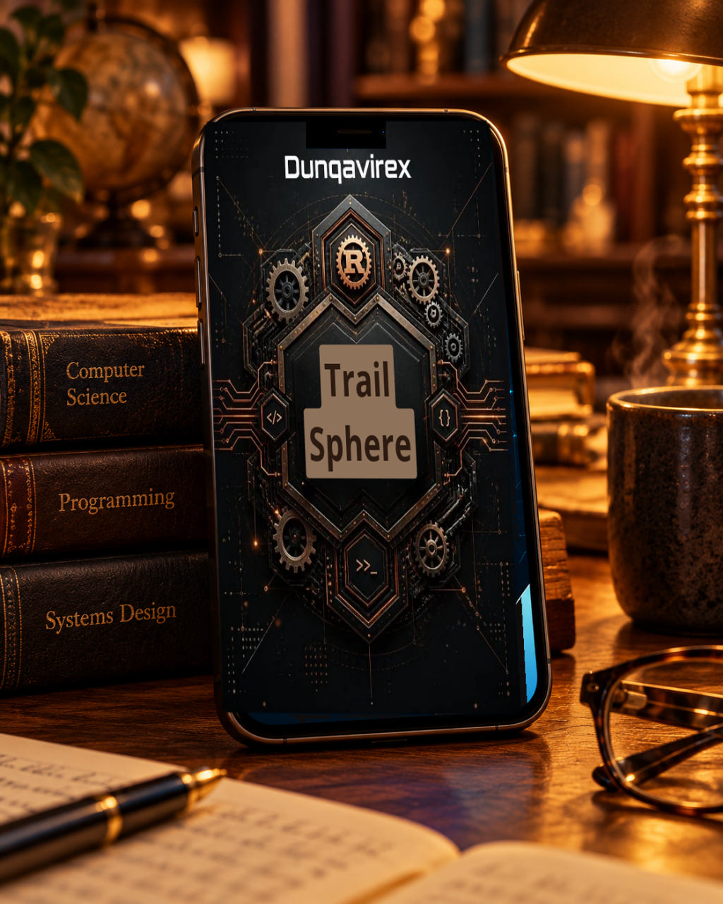 A smartphone displaying the 'Dunqavirex Trail Sphere' app interface, styled on a wooden desk surrounded by books, a pen, glasses, and a warm lamp.