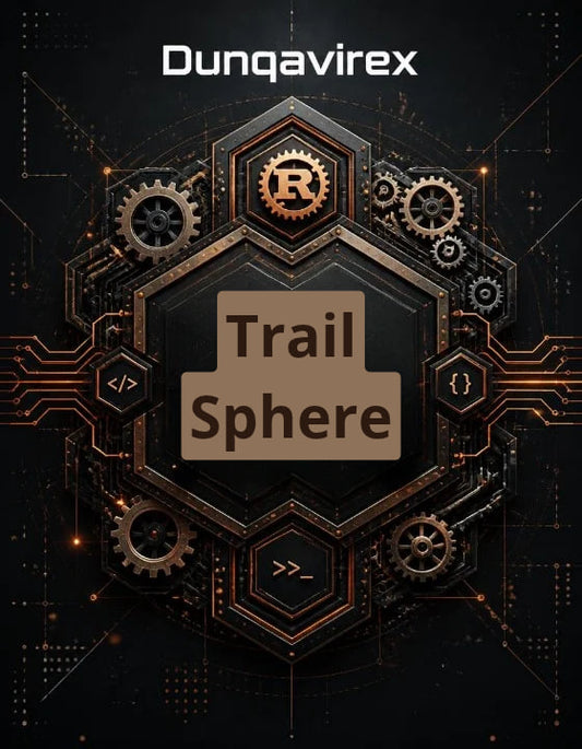 Digital cover art for 'Trail Sphere' by Dunqavirex , featuring a central hexagonal UI element with a brown label and gold accents, surrounded by gears and circuitry on a dark background.