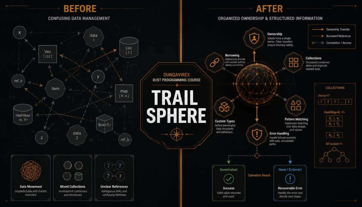 An infographic-style promotional graphic for Trail Sphere, a Dunqavirex boot programming course. The design is split into 'Before' and 'After' sections on a dark background, using orange and white text and diagrams to explain data management concepts like ownership, collections, and data movement.